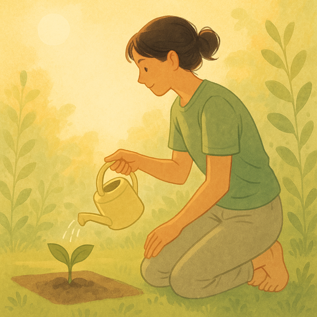 아침 햇살 아래 작은 새싹에 물을 주며 정성껏 돌보는 젊은 여성의 모습. 오늘의 애씀으로 내일을 키우는 의미를 담은 따뜻한 일러스트.