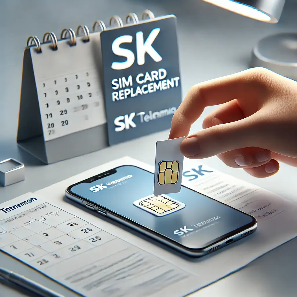 한 사람이 깔끔한 데스크에서 스마트폰에 유심을 삽입하고 있는 모습. 배경에는 2025년 4월이 표시된 달력과 'SK텔레콤 유심 무상 교체 안내'라는 안내지가 놓여 있으며, 전체적으로 전문적인 고객센터 분위기.