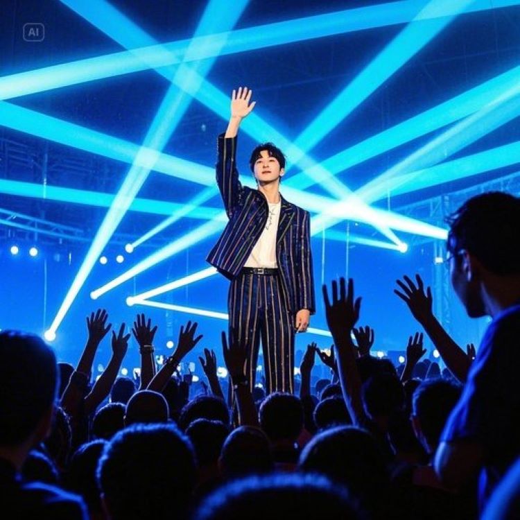 화려한 조명 아래 임영웅이 팬들에게 손을 들어 인사하는 대형 콘서트장, 그림 같은 하늘빛 응원봉들이 물결치는 장면