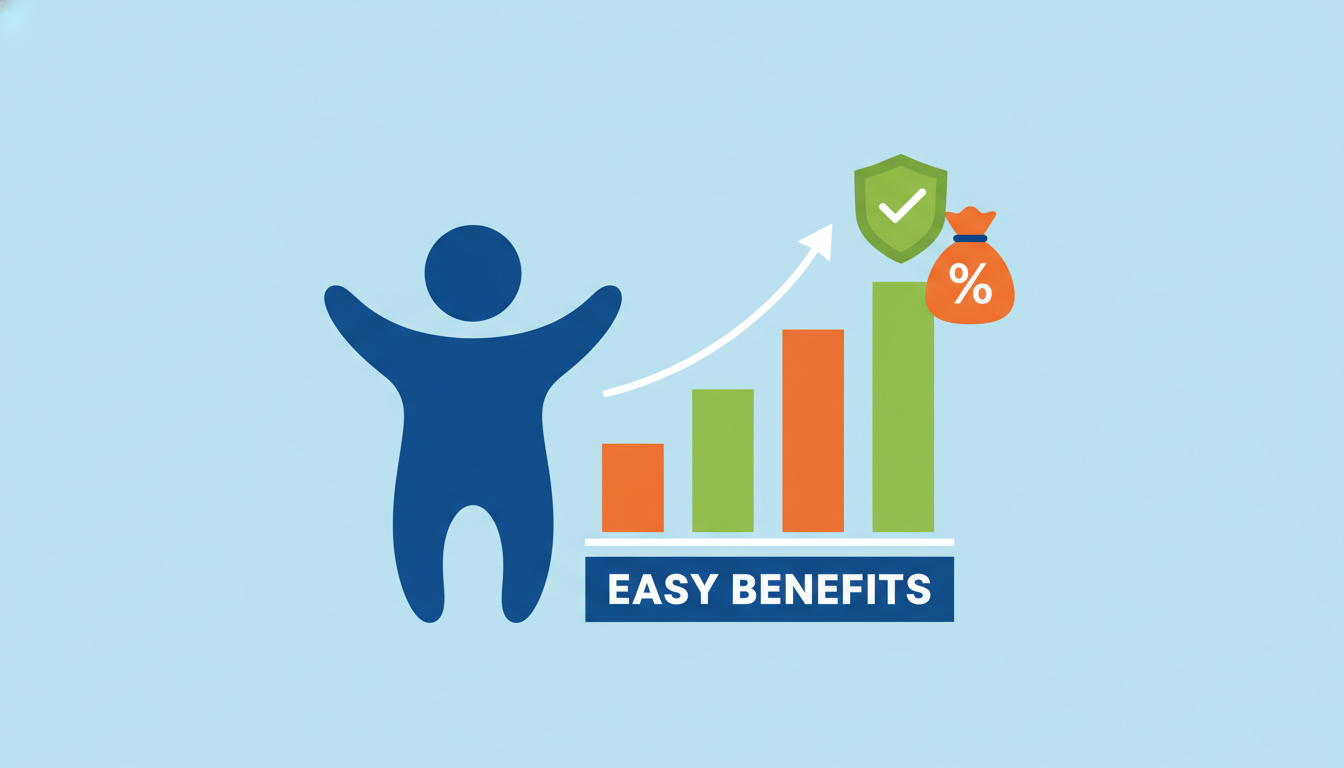 성장하는 그래프 옆에 서 있는 추상적인 사람 실루엣과 손실 보전, 세제 혜택을 상징하는 방패, 돈주머니 아이콘이 그려져 개인 투자자의 혜택을 강조하는 이미지.