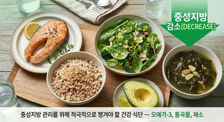 중성지방 관리에 도움을 주는 오메가3 연어, 귀리 통곡물 밥, 아보카도, 신선한 잎채소로 구성된 건강 식단