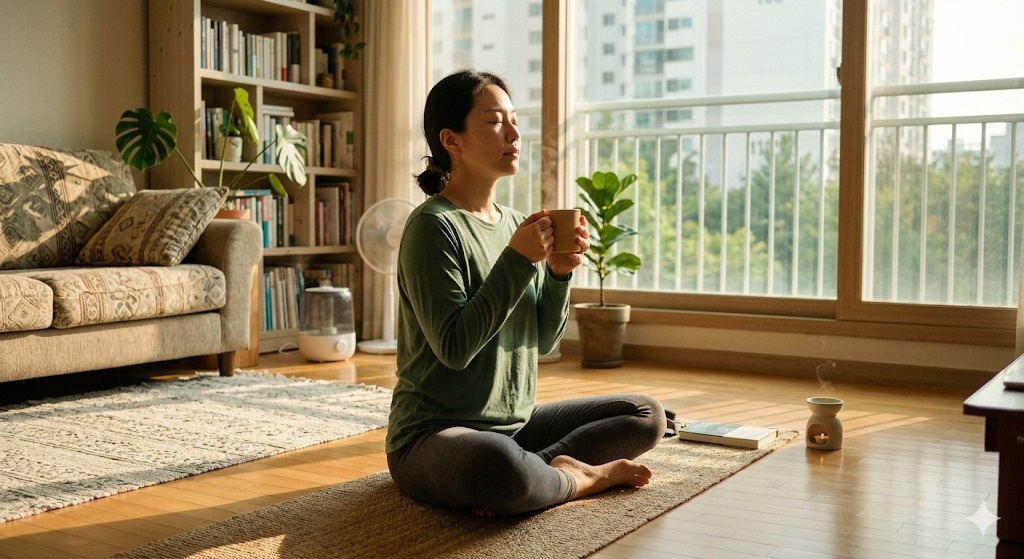 심호흡과 명상으로 스트레스를 관리하며 장을 편안하게 달래는 모습