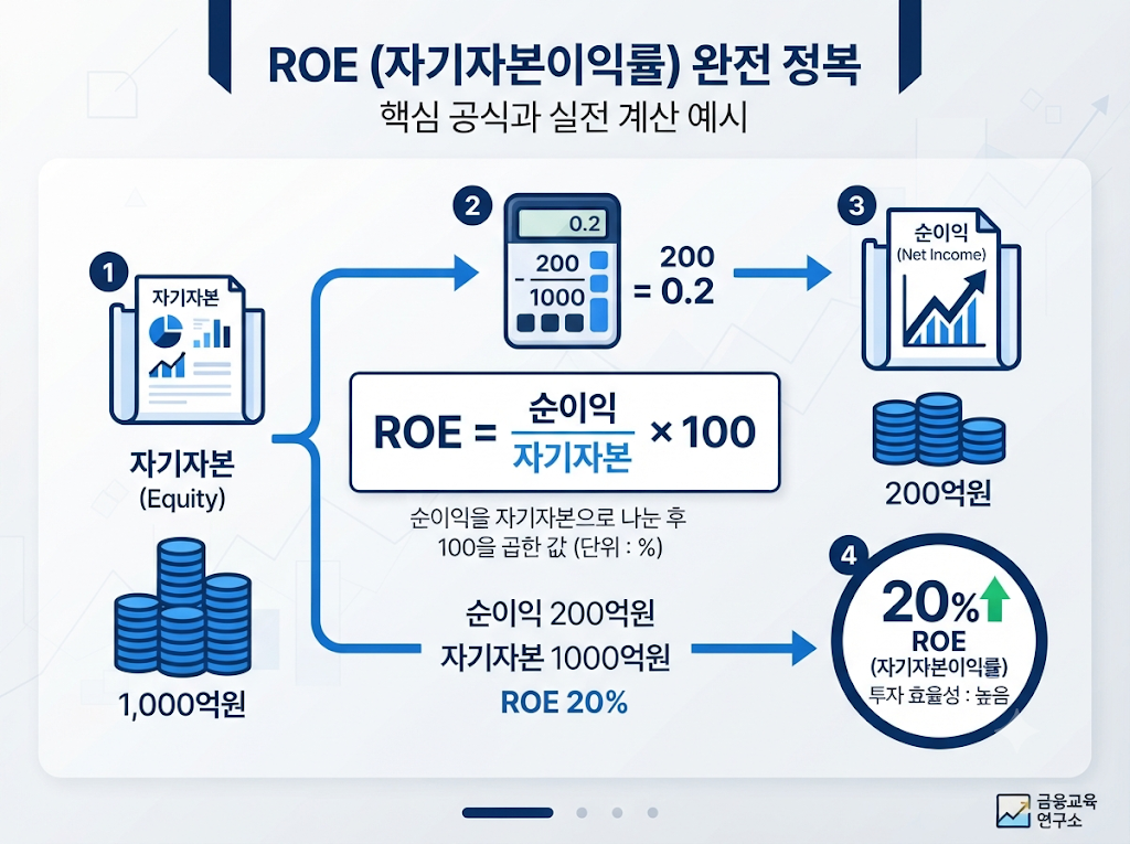 순이익과 자기자본을 이용해 ROE를 계산하는 방법을 보여주는 공식 인포그래픽