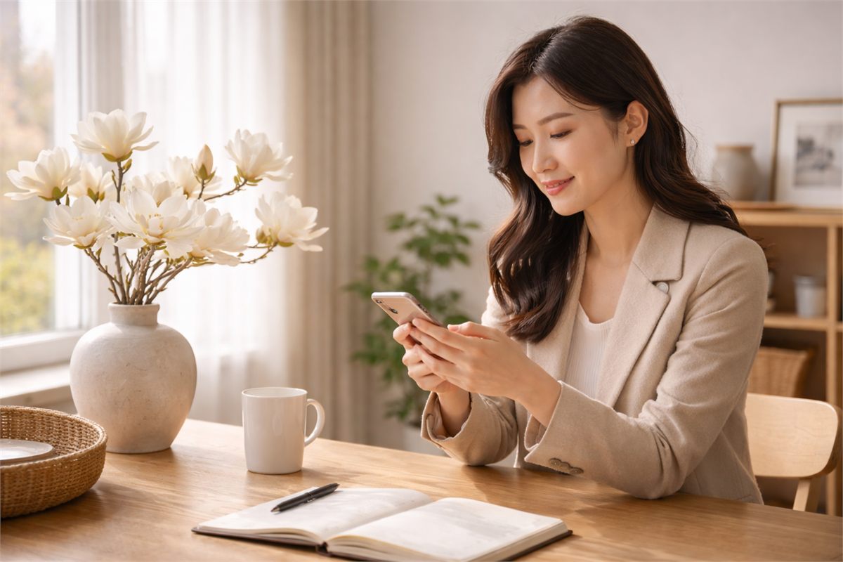 목련 꽃병 옆에서 스마트폰으로 메시지를 작성하는 한국 여성 