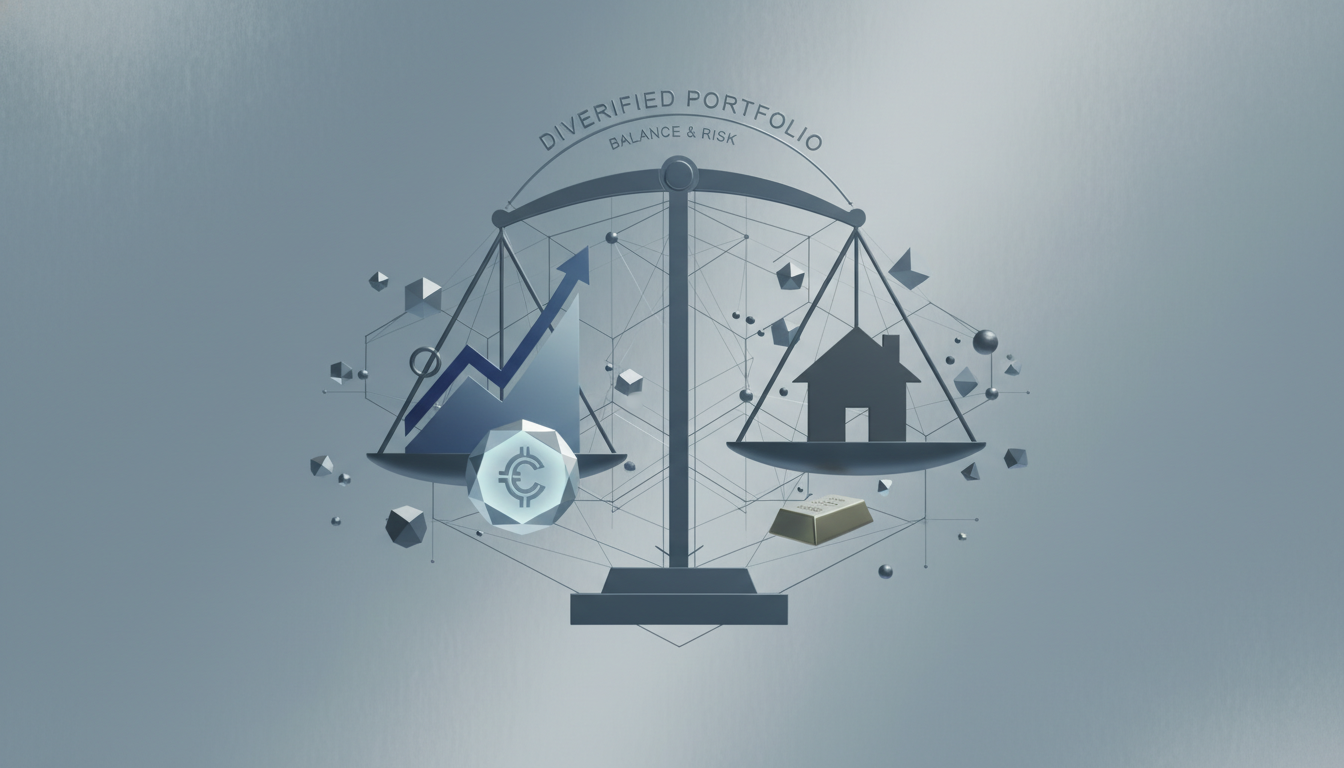 주식, 채권, 부동산, 암호화폐, 금 등 다양한 자산으로 분산된 투자 포트폴리오를 시각적으로 표현한 이미지