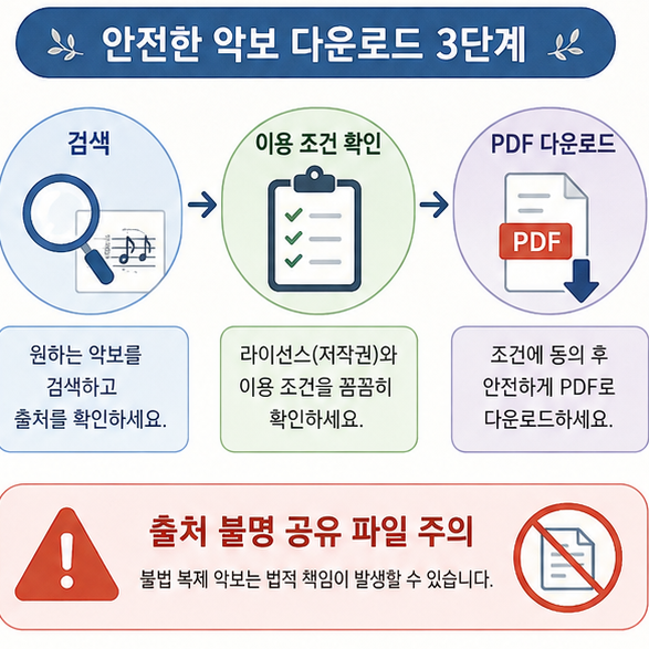 피아노 악보 검색부터 이용 조건 확인과 PDF 다운로드까지 안전한 이용 순서를 보여주는 이미지