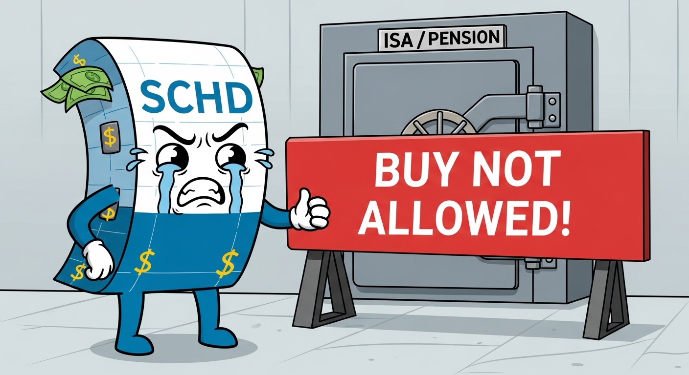 'ISA 계좌(절세)' 안으로 'SCHD'가 들어가려다 '매수 불가!' 장벽에 막혀 좌절하는 이미지