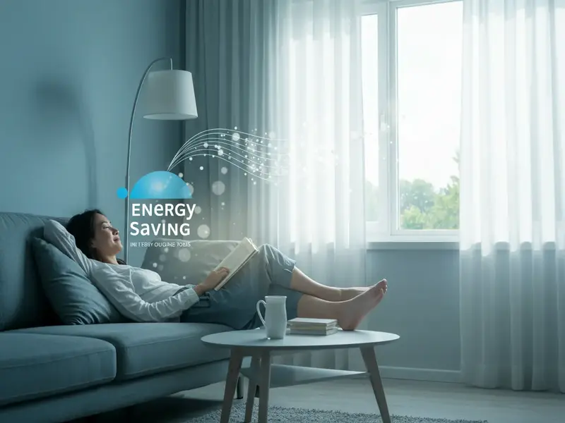 에너지 절약 효과를 상징하는 그래픽과 함께 소파에 누워 책을 읽는 여성의 모습