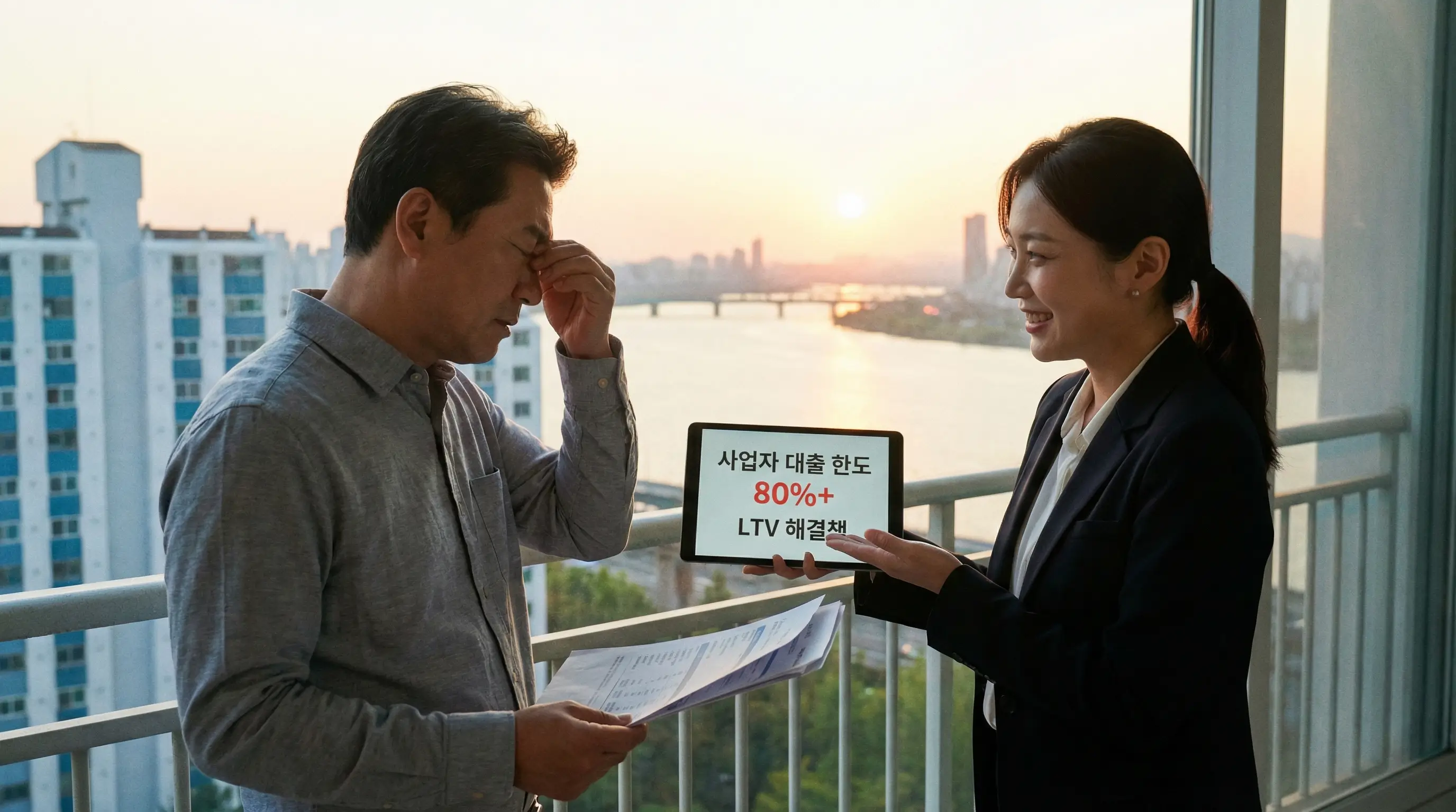 LTV 규제로 인해 대출 한도가 부족해 고민하는 아파트 소유주에게 사업자 대출이라는 해결책을 제시하는 모습