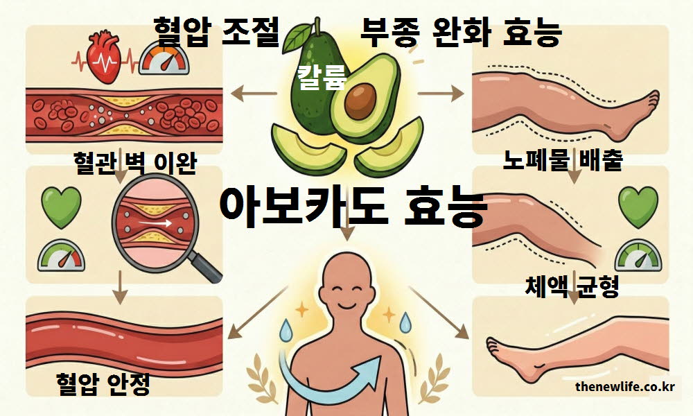 아보카도 효능이 혈압 조절과 부종 완화에 도움 되는 작용을 설명하는 이미지