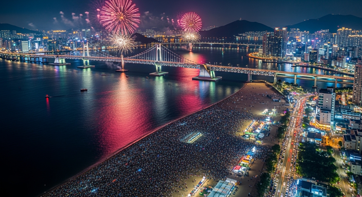 광안대교를 중심으로 한 부산불꽃축제 야경. 광안리 해변은 인파로 가득하며, 마린시티와 동백섬 방향은 상대적으로 한적한 모습이다.