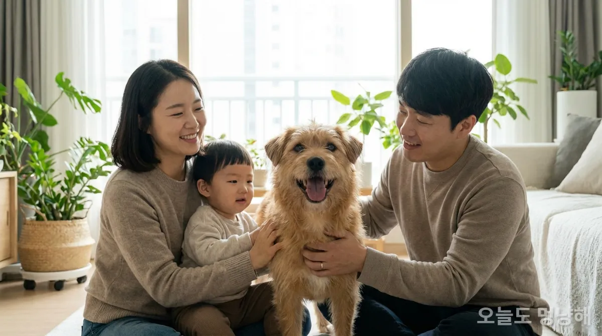 유기견 보호소에서 입양을 고려하며 강아지와 교감하는 한국인 가족