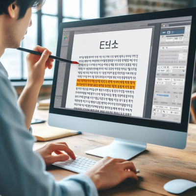 컴퓨터 화면에서 문서를 작성하고 수정하는 사람