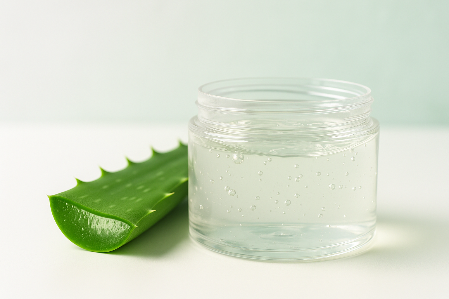 알로에를 자른 단면과 깨끗한 용기에 알로에 수딩젤이 담겨 있는 이미지