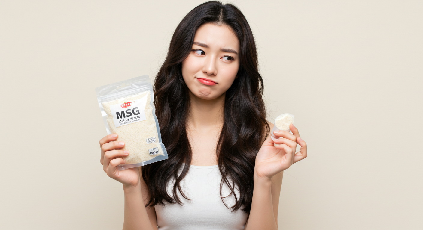 msg봉지를 들고 찌푸린 표정을 짓고있는 한국여성.