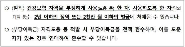 건강보험 자격 도용시 처벌에 대한 설명