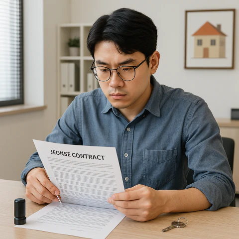 전세 계약서를 검토하는 청년 세입자