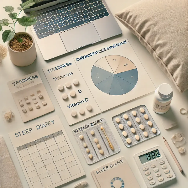 하얀 배경 위에 정리된 피로도 차트, 비타민 B&middot;D 보충제, 수면 일지, 스트레스 도해의 전문 스튜디오 촬영 사진