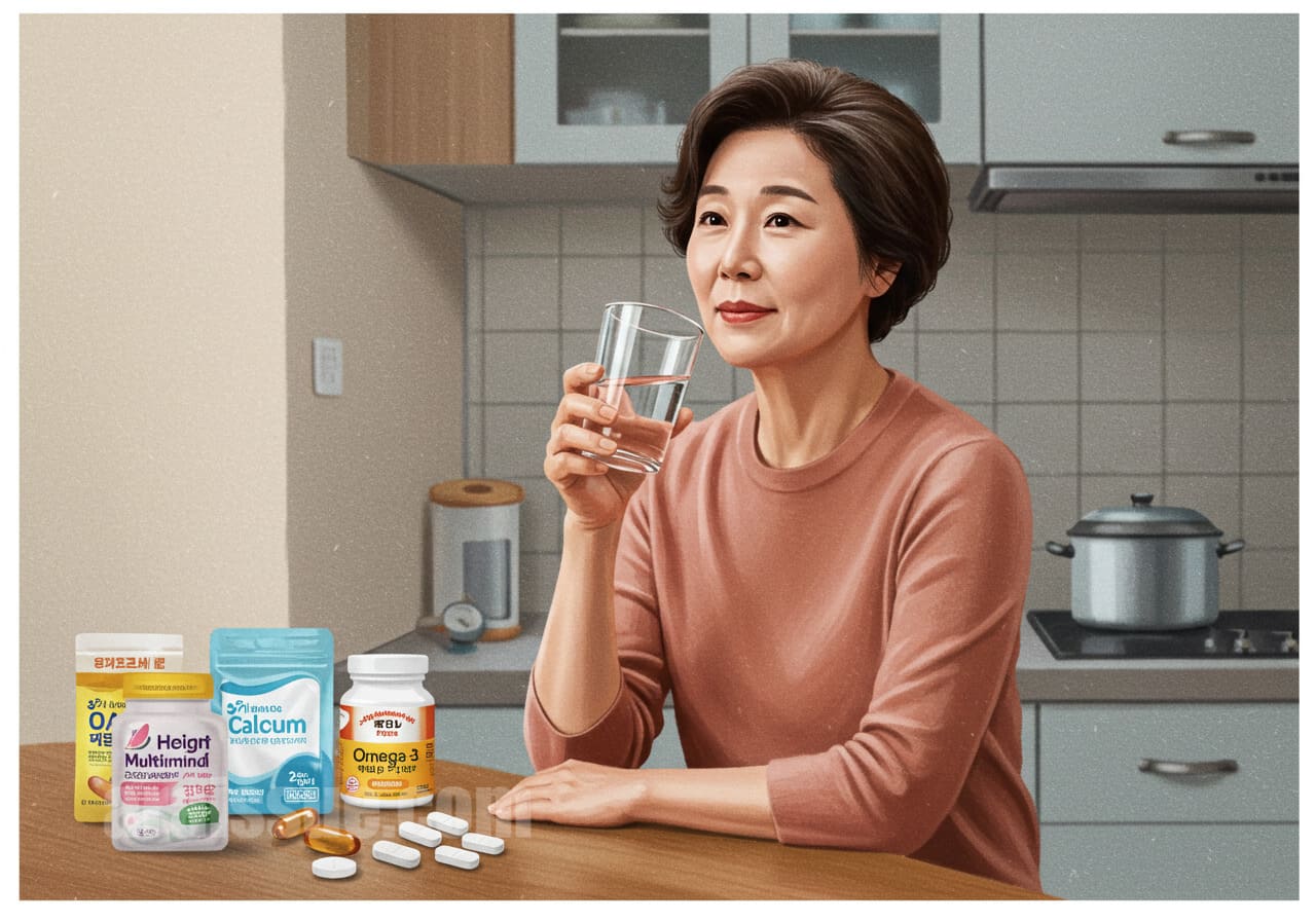 갱년기 여성이 부엌 테이블에서 칼슘, 오메가-3, 유산균, 코엔자임 Q10 등의 영양제를 고려하는 모습. 물잔을 들고 영양제를 선택하고 있는 모습
