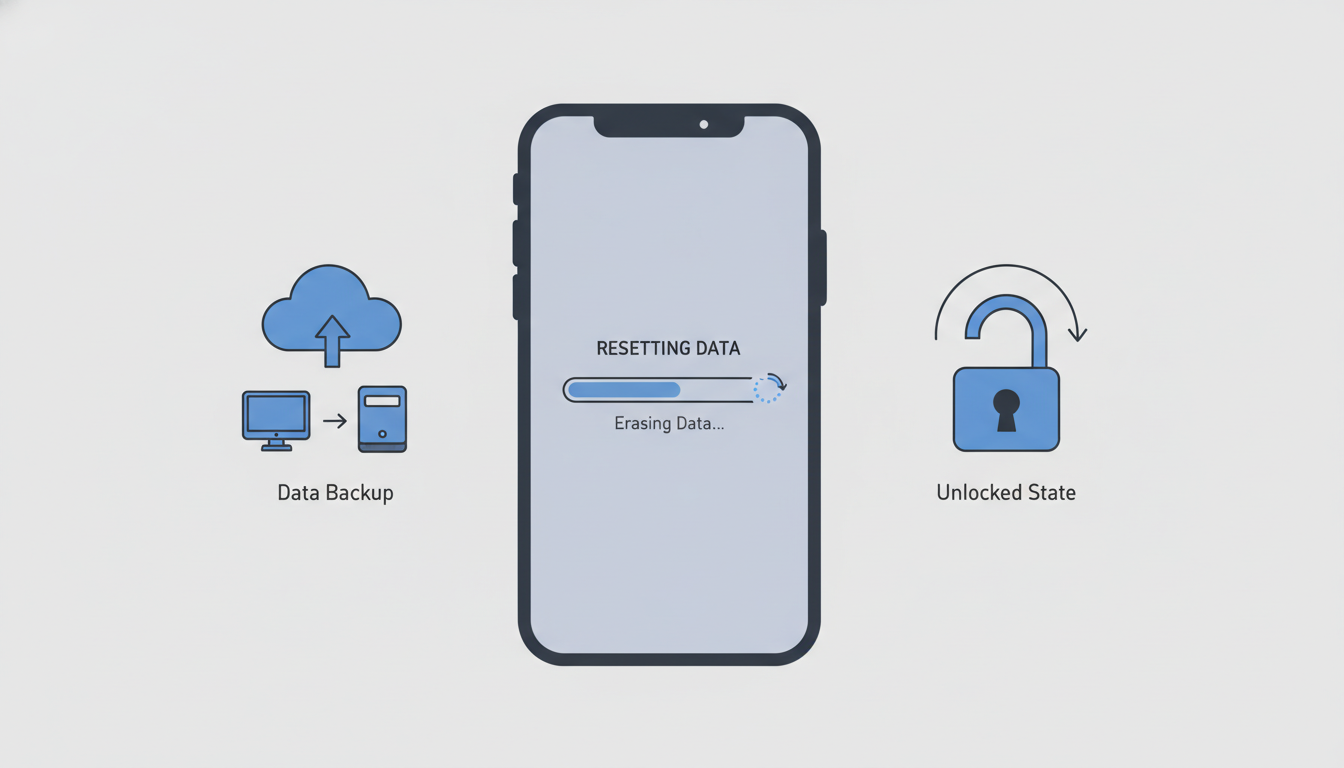 블루 그레이 톤의 깔끔한 일러스트로, 아이폰이 데이터를 초기화하는 모습과 백업, 잠금 해제를 상징하는 아이콘들이 주변에 배치되어 있습니다.