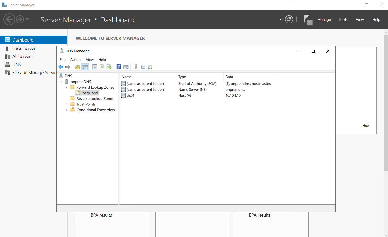 Windows DNS Manager에서 corp.local Forward Lookup Zone과 A 레코드 구성 화면