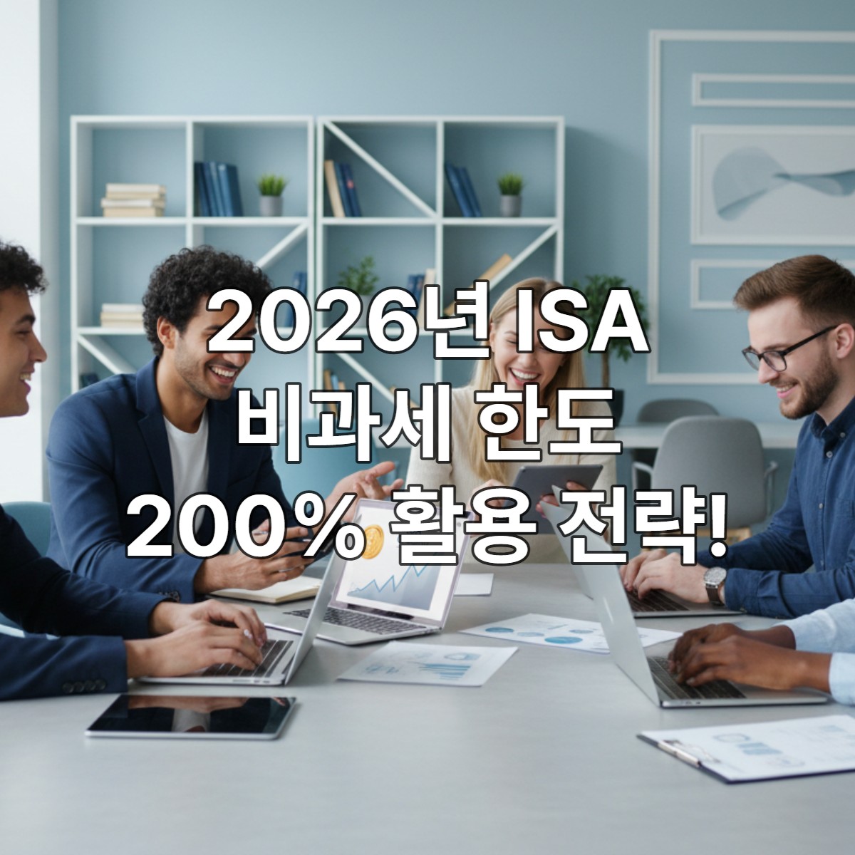 ISA 계좌를 통해 밝은 미래를 계획하는 젊은 사회 초년생들이 노트북과 서류를 보며 활짝 웃고 있는 모습.