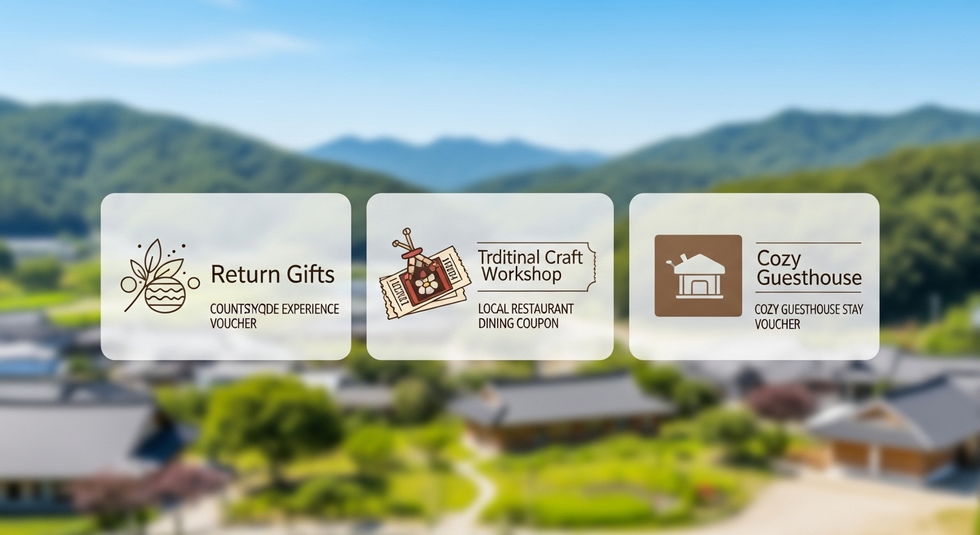 농촌 체험권, 전통 공예 체험권, 지역 맛집 식사권, 한옥 숙박권 등 고향사랑기부제 서비스형 답례품들을 상징하는 아이콘과 이미지가 어우러진 그림. 지역의 다양한 경험을 강조합니다.