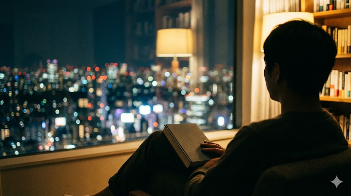 책의 마지막 페이지를 덮은 뒤 창밖의 화려한 도시 야경을 바라보는 독자의 뒷모습