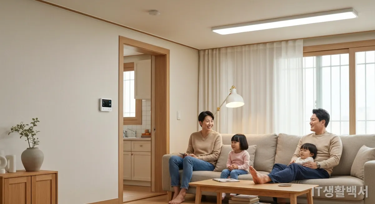 스마트 온도 조절기로 쾌적하게 유지되는 한국 아파트 거실의 모습