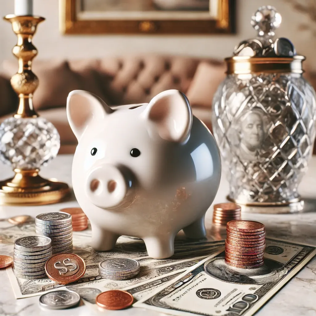 대리석 카운터 위 동전과 지폐로 둘러싸인 저금통&amp;#44; 배경에는 고급스러운 장식품이 배치되어 성공과 번영을 상징