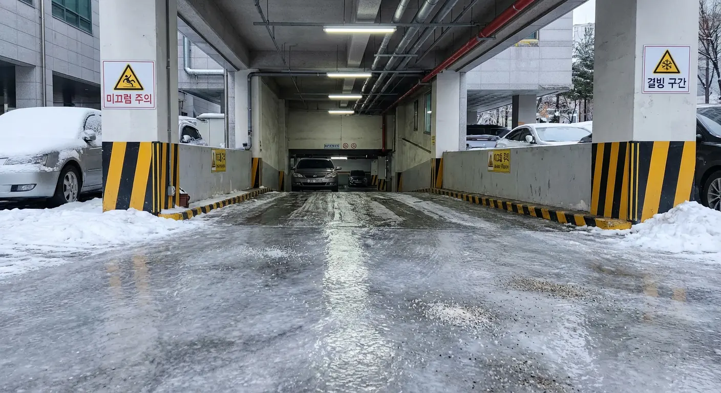 지하주차장 경사로에서 온도차로 인해 블랙 아이스가 형성된 겨울 장면