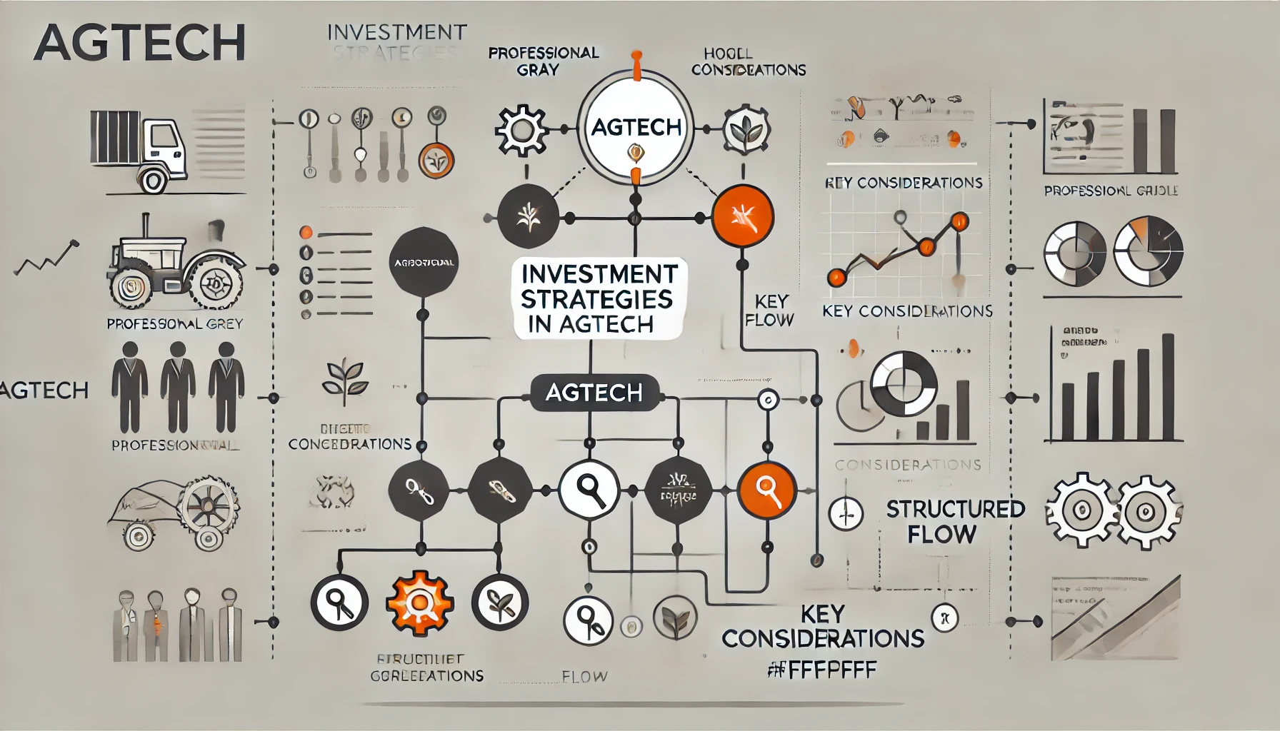 농업 기술 스타트업 투자 시 주요 고려사항과 전략을 시각화한 다이어그램