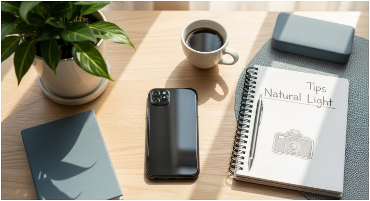 창가 자연광 아래 놓인 스마트폰, 커피, 사진 노트, 식물. 스마트폰으로 감성 사진을 찍
기 위한 아늑한 준비물.