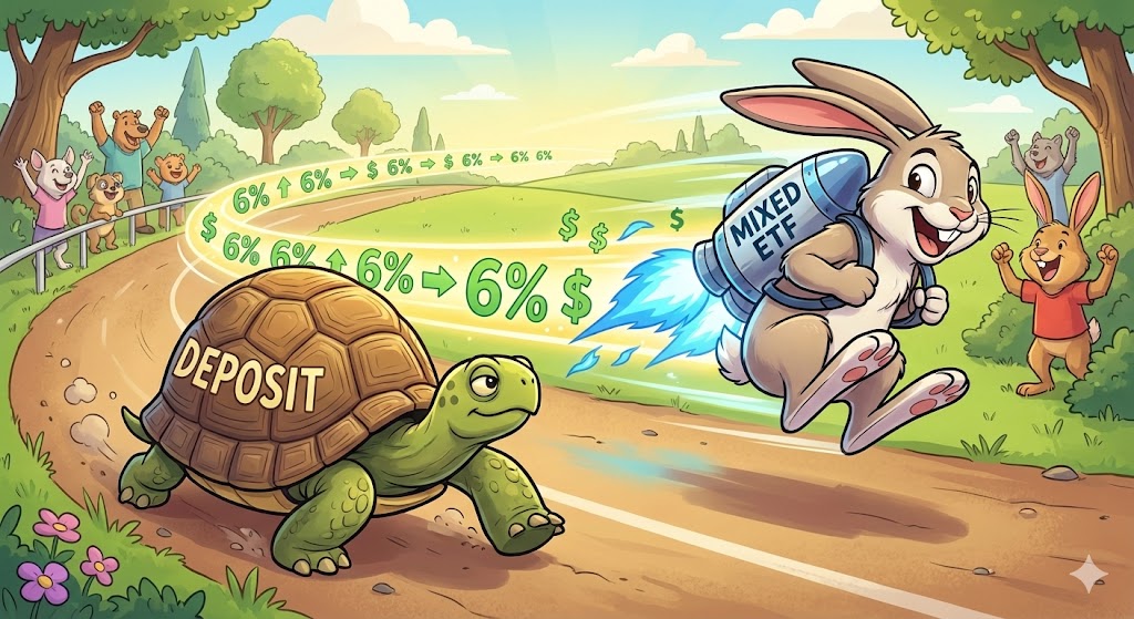 거북이(예금 이자)를 훌쩍 뛰어넘는 토끼(채권 혼합형 ETF 수익률)의 경주 모습