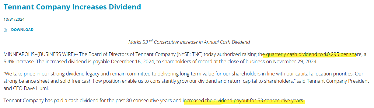 테넌트(Tennant Company, TNC) 분기배당 0.295달러 53년 연속 배당성장 보도자료