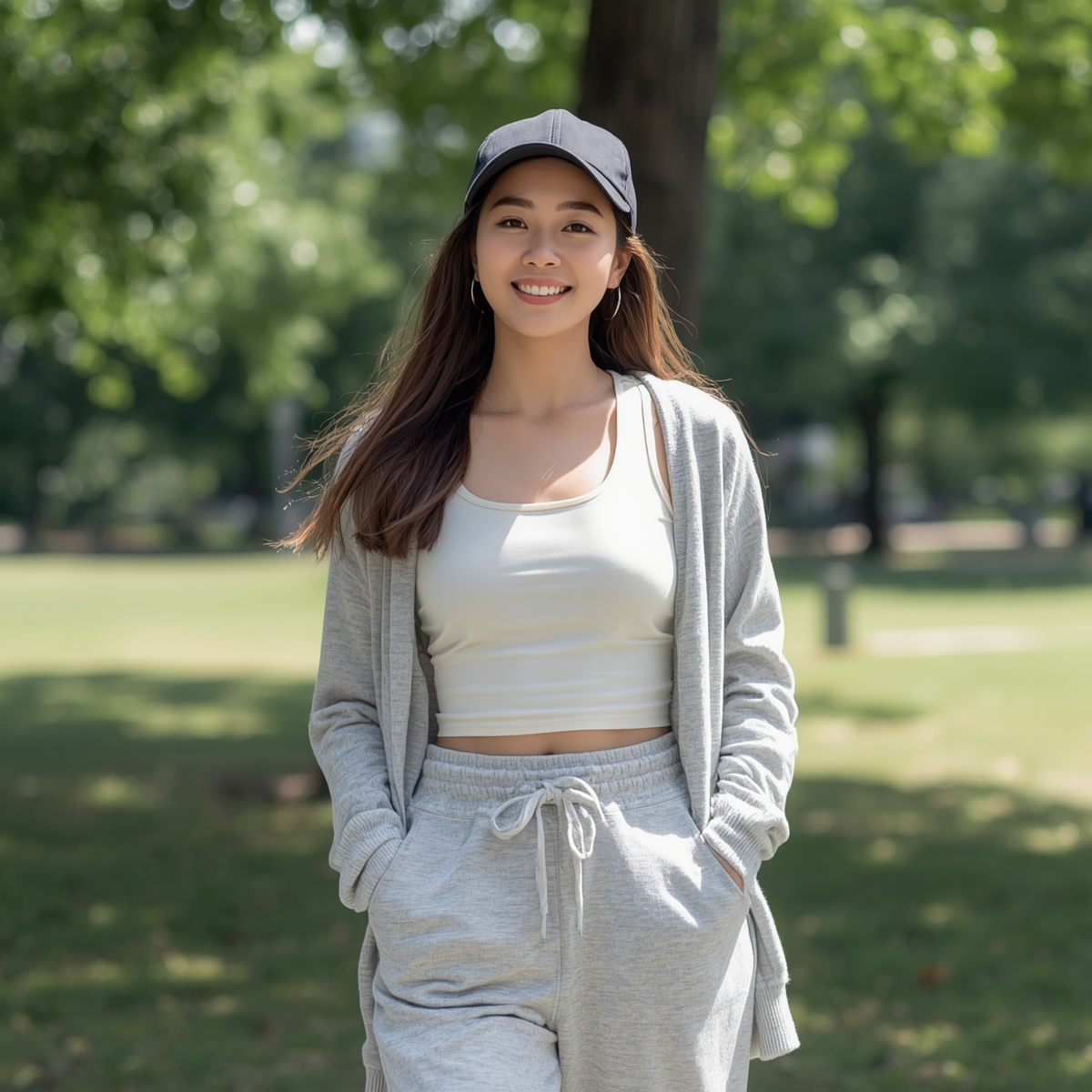 Casual Korean woman wearing a tank top layered with a light cardigan and jogger pants, wearing a cap, outdoor park setting, bright daylight, relaxed summer outing style