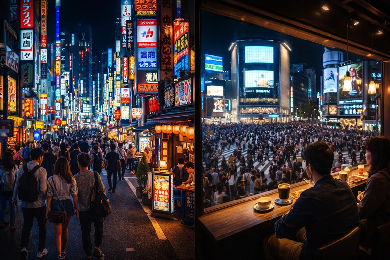 도쿄 서쪽 밤거리를 비교한 분할 이미지로, 왼쪽은 네온사인과 이자카야가 가득한 신주쿠 가부키초 거리이고 오른쪽은 카페 창가에서 내려다본 수많은 인파의 시부야 스크램블 교차로 모습