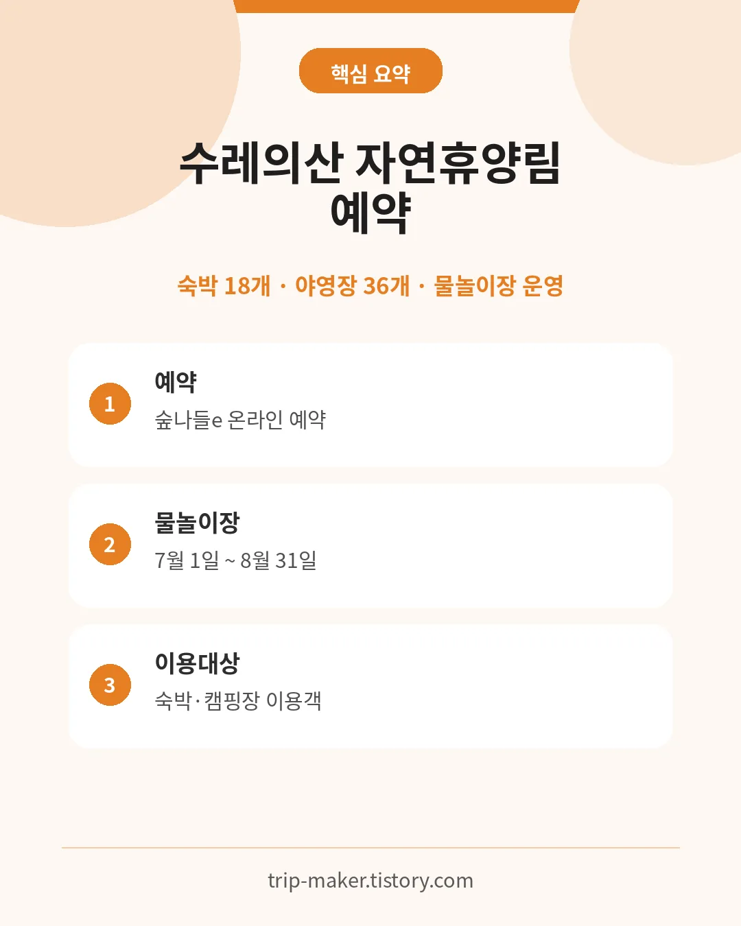 수레의산 자연휴양림 예약&middot;숙박&middot;캠핑&middot;물놀이장 핵심