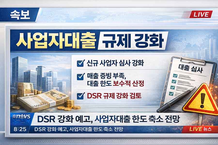 사업자대출 규제 강화와 DSR 적용 확대 검토 내용을 정리한 뉴스형 이미지