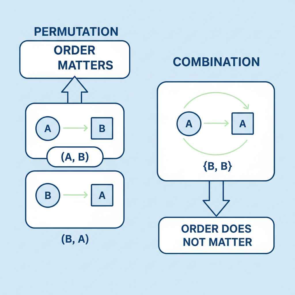 서로 다른 요소들 중에서 순서를 고려하여 나열하는 순열(Permutation)과 순서에 상관없이 묶음을 만드는 조합(Combination)의 차이를 보여주는 도식입니다. 순열은 (A, B)와 (B, A)를 다르게 구분하지만, 조합은 이를 하나의 집합으로 취급하는 과정을 시각화하고 있습니다.