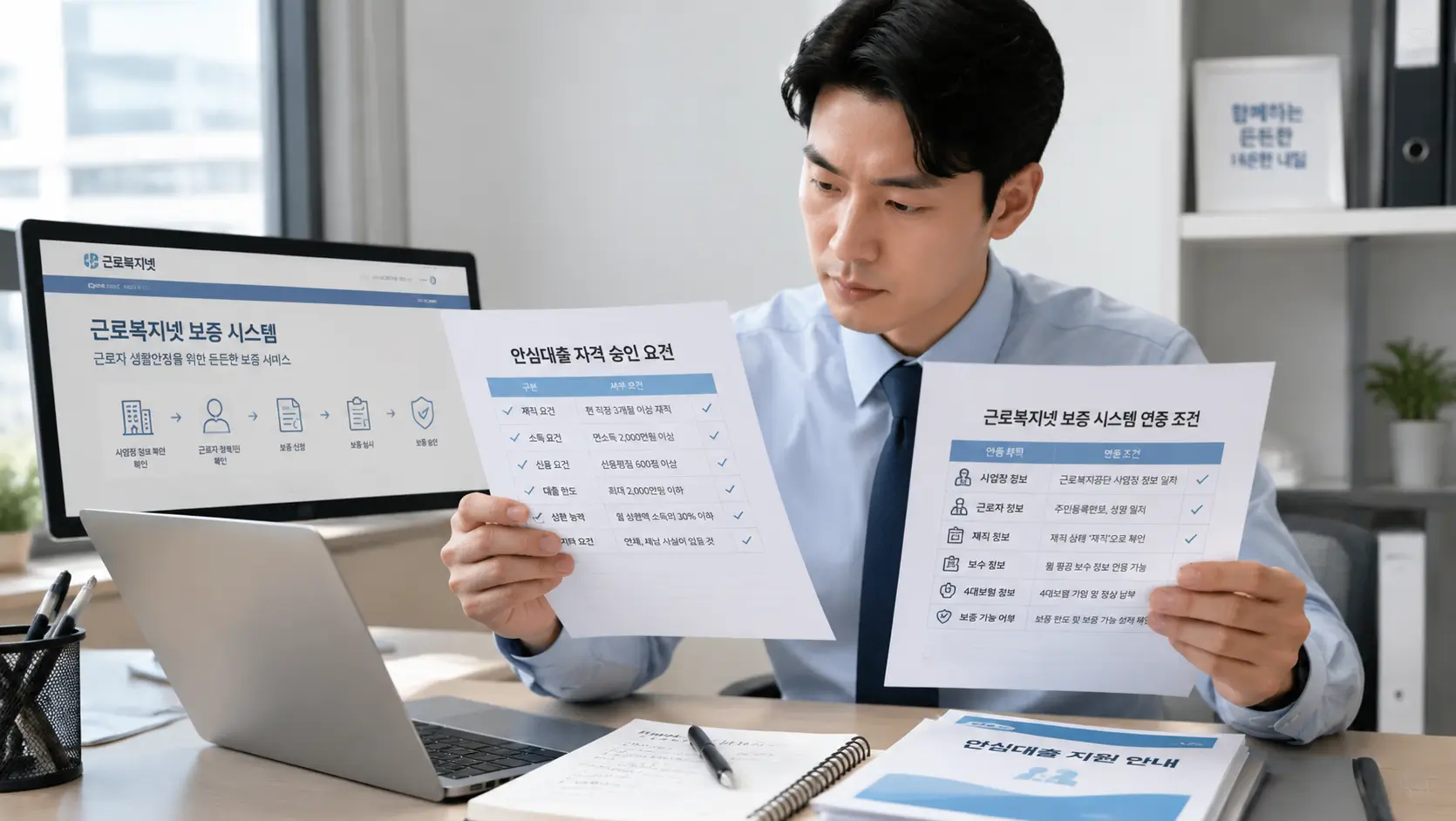 근로자 대상 안심대출 자격 승인 요건과 근로복지넷 보증 시스템 연동 조건을 확인하기 위해 서류를 대조하는 직장인