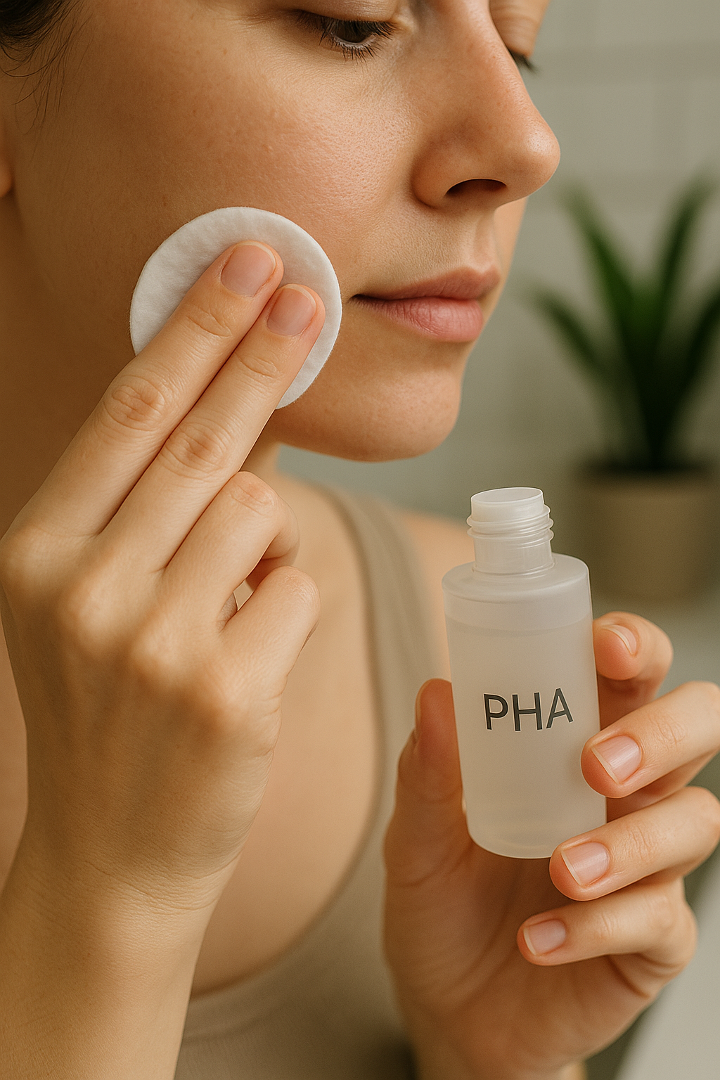 PHA 토너를 화장솜에 적셔 볼에 가볍게 도포하는 근접 사진