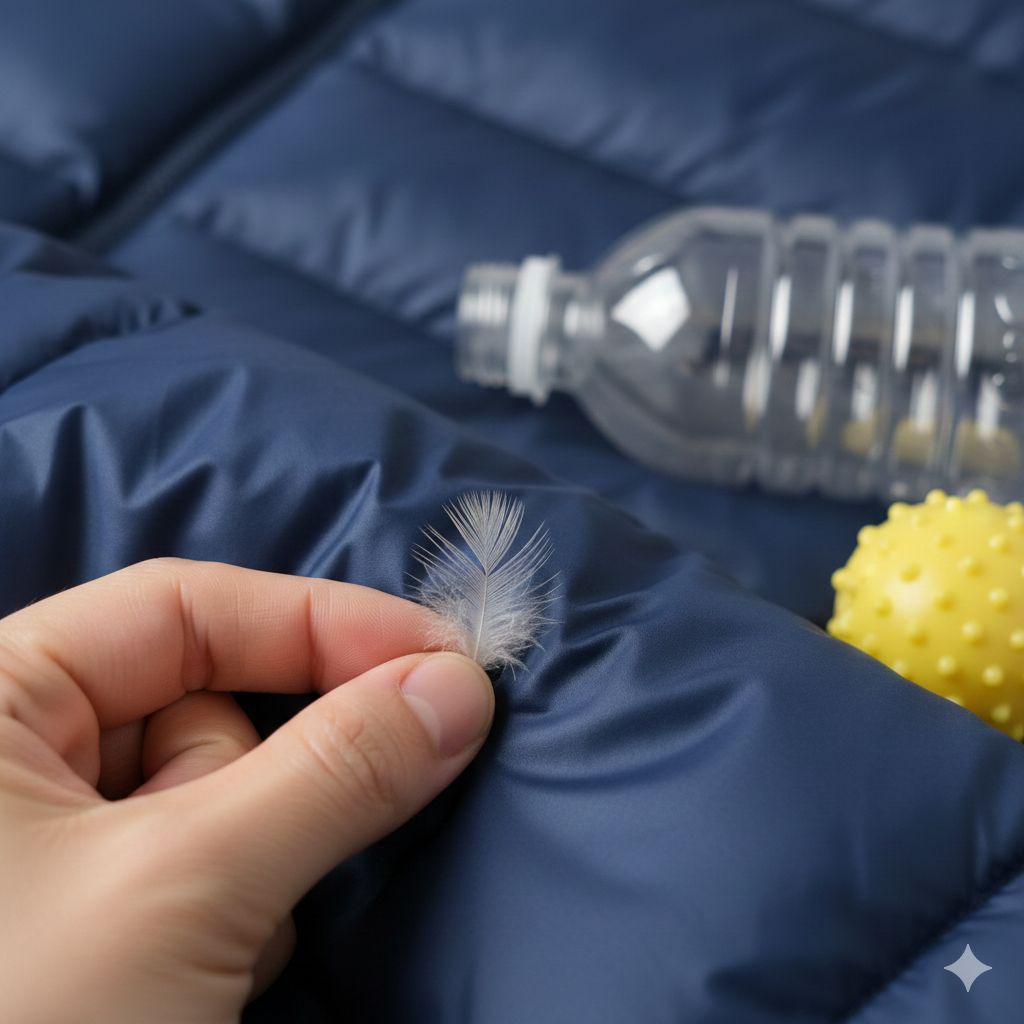 네이비 컬러의 경량 패딩 원단 위로 삐져나온 작은 깃털 하나를 손가락으로 조심스럽게 잡고 있는 초근접 사진이에요. 배경에는 패딩의 볼륨을 살리는 데 사용되는 투명한 빈 페트병과 노란색 건조기용 스파이크 볼이 함께 놓여 있어 실질적인 관리 방법을 직관적으로 보여줘요.