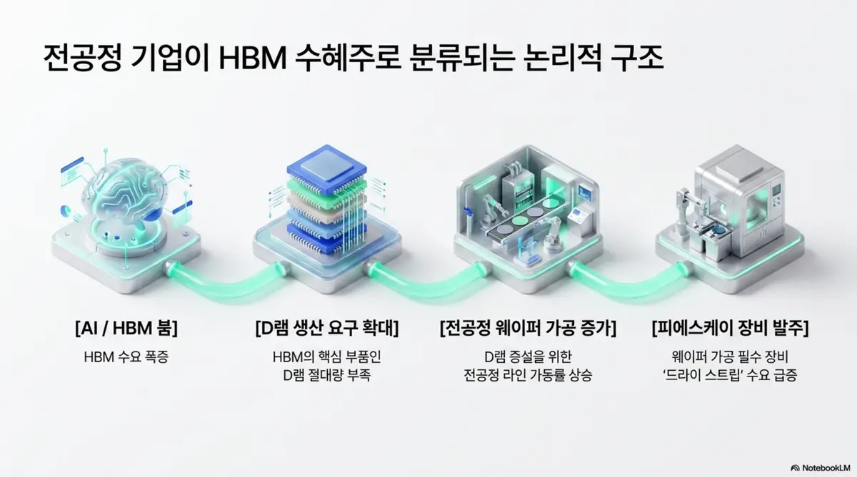 피에스케이 주가 전망: 전공정 기업 피에스케이가 HBM 수혜주로 분류되는 논리적 구조를 단계별로 보여주는 이미지. AI·HBM 붐에서 D램 생산 요구 확대, 전공정 웨이퍼 가공 증가, 피에스케이 드라이 스트립 장비 발주로 이어지는 흐름을 시각적으로 전달하며, 블로그의 피에스케이 HBM 관련주 설명과 관련된 내용을 설명함