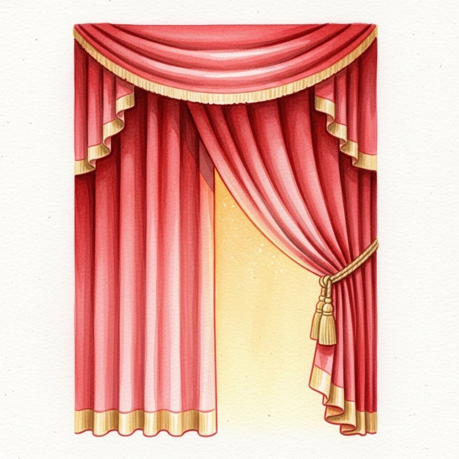 살짝 열린 붉은 벨벳 커튼 사이로 비치는 빛의 수채화