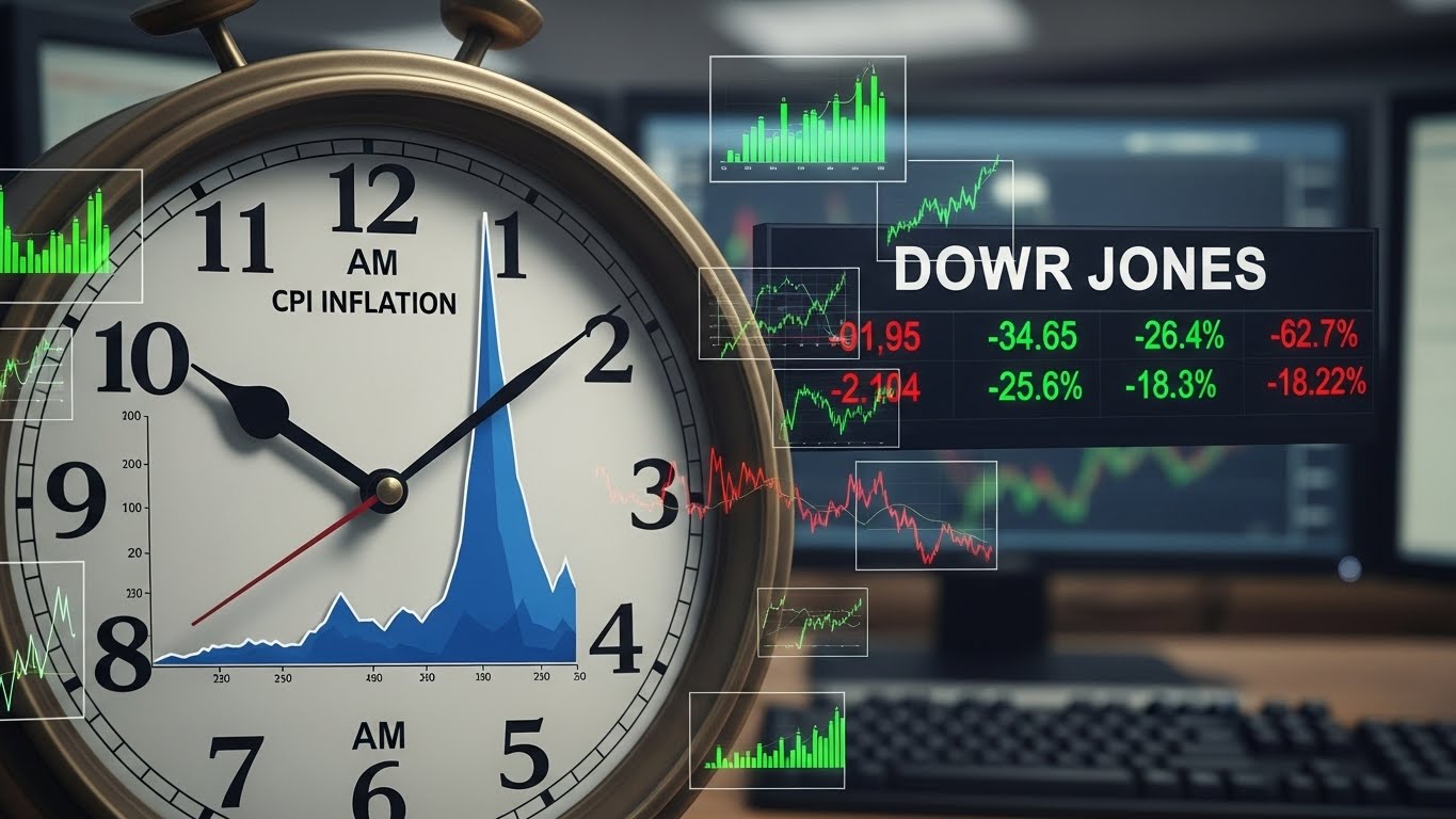 Clock showing 830 AM with CPI inflation graph and market charts.