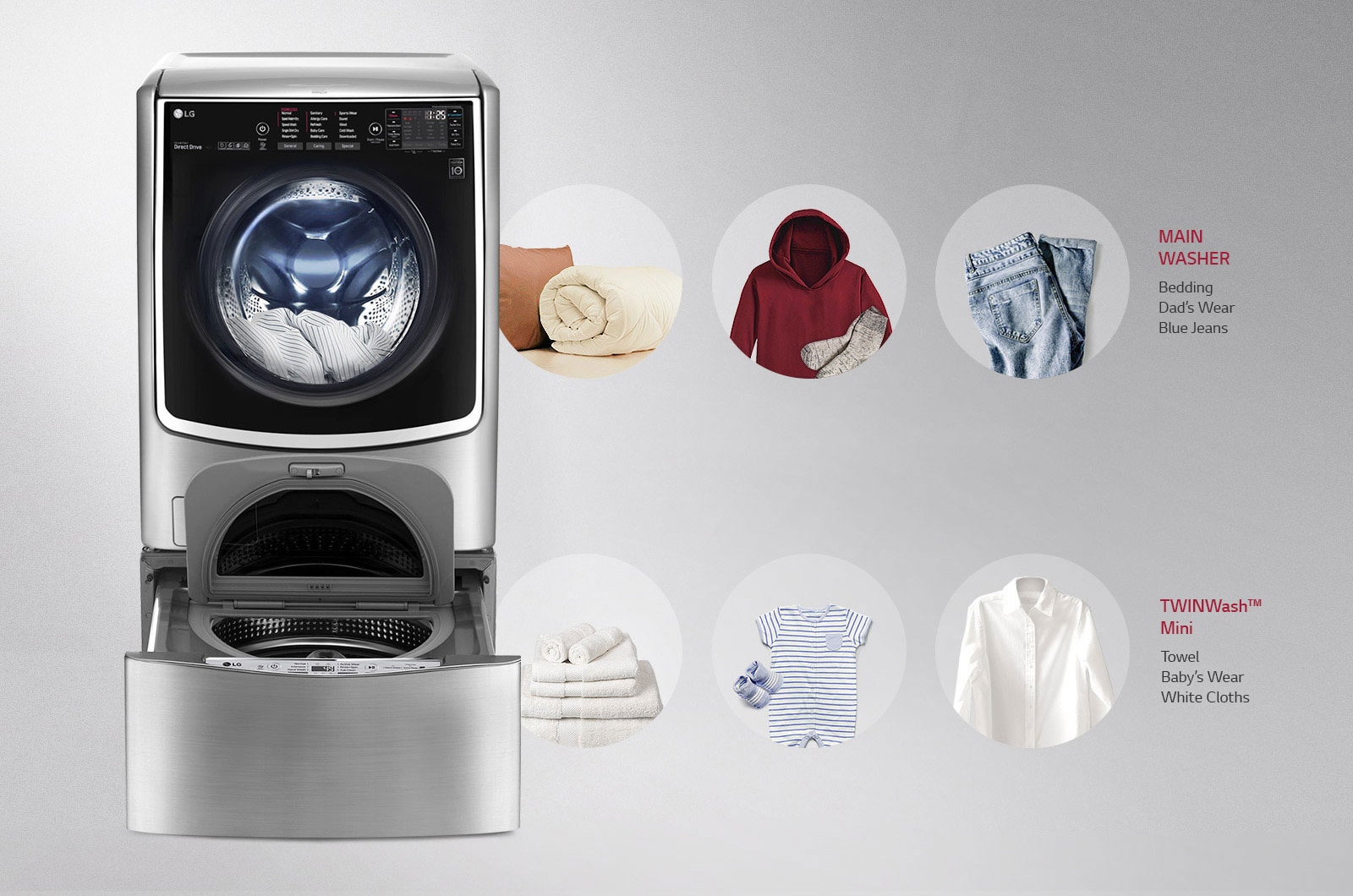 LG TwinWash washing machine in white interior