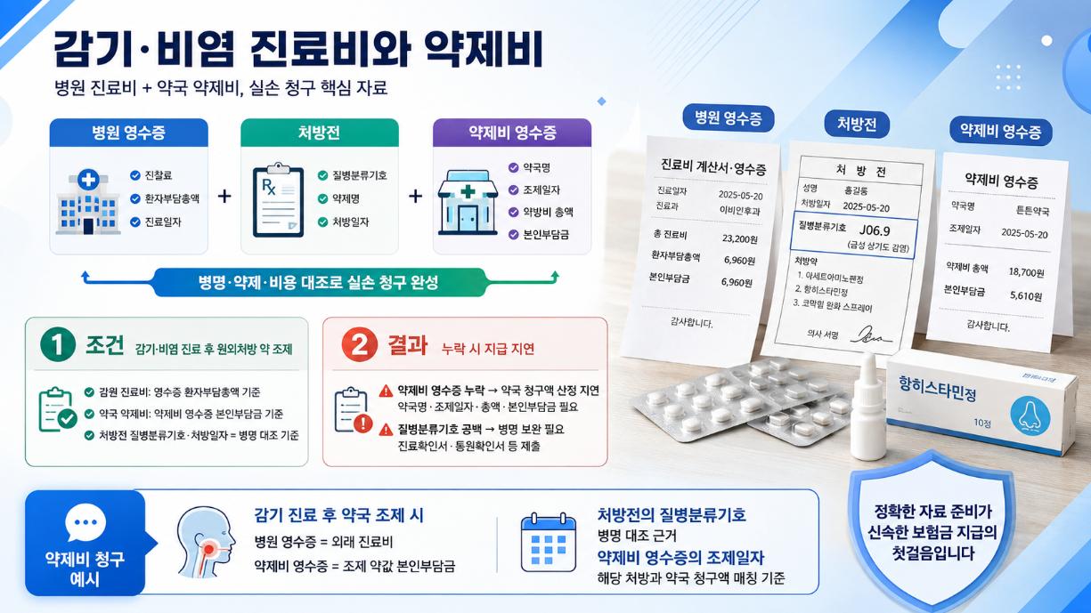 감기와 비염 진료 후 병원 진료비와 약국 약제비를 실손 청구 자료별로 구분한 안내