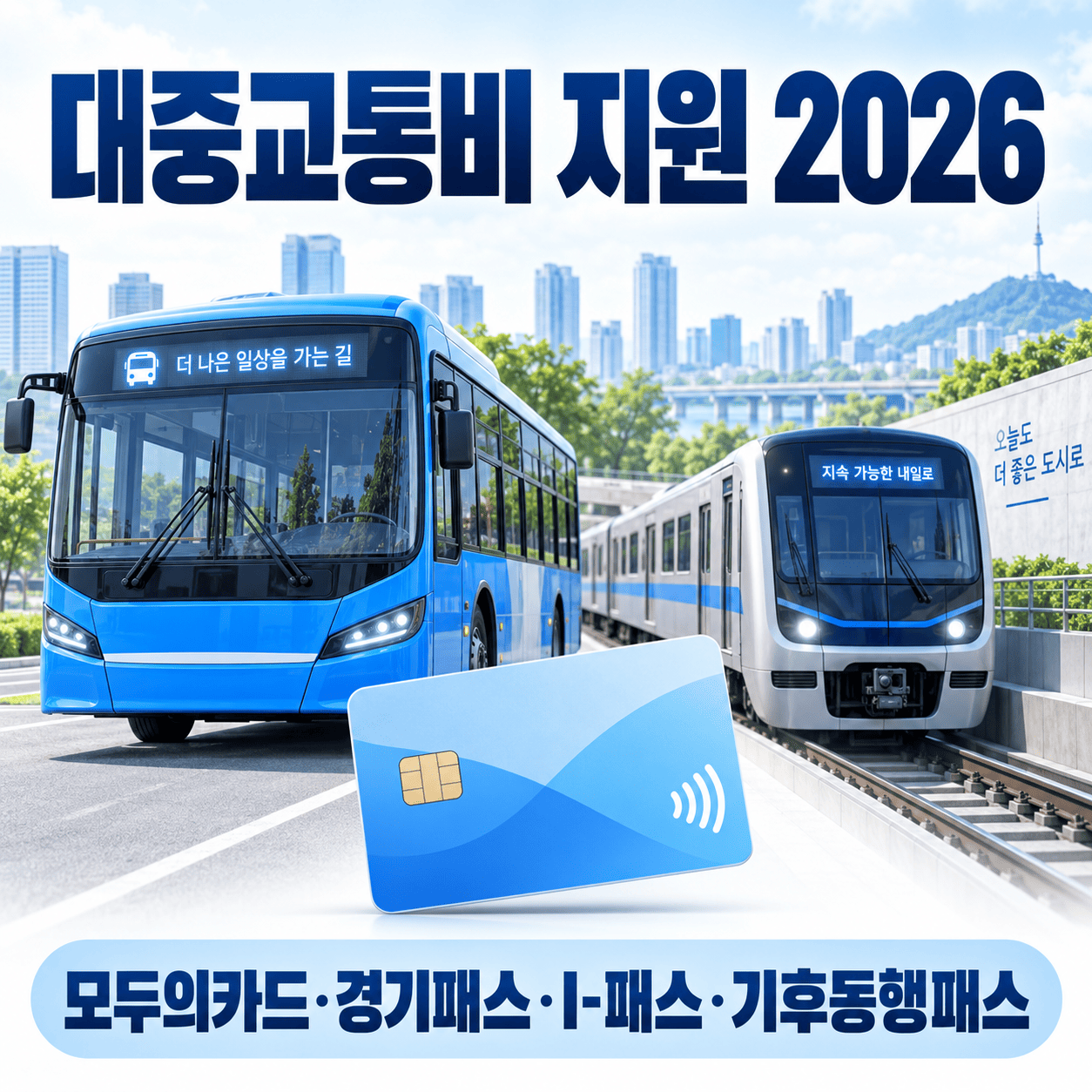 버스와 지하철 그림 옆에 모두의카드, 경기패스, 인천 I-패스, 기후동행패스 비교 문구가 표시된 이미지