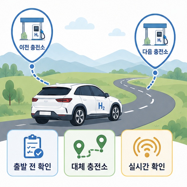 장거리 이동 전에 충전소와 대체 충전소를 함께 정하고 실시간 상태를 확인하는 모습을 보여주는 그림